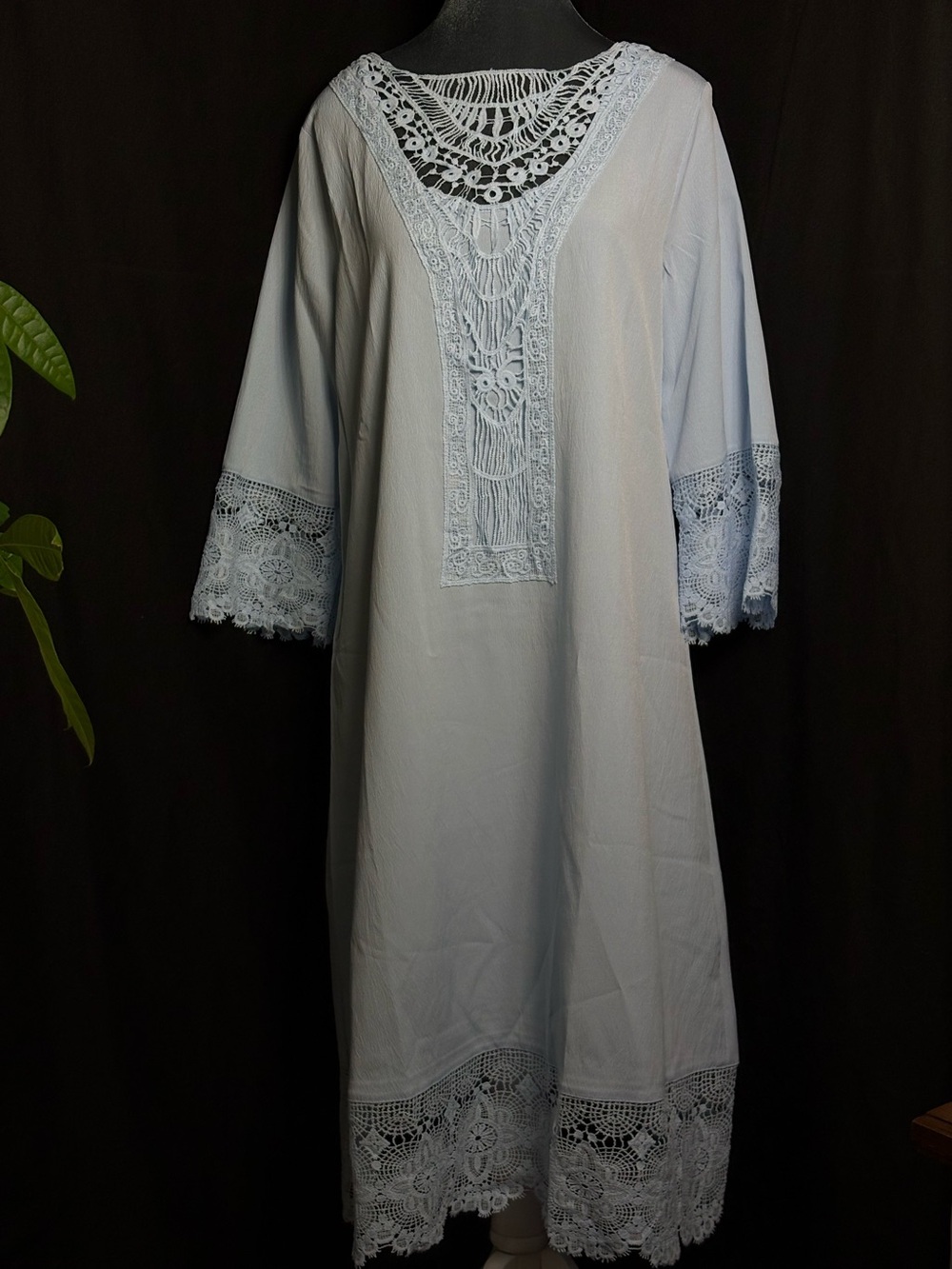 Light Blue Boho Crochet Lace Caftan Long Sleeve NWT